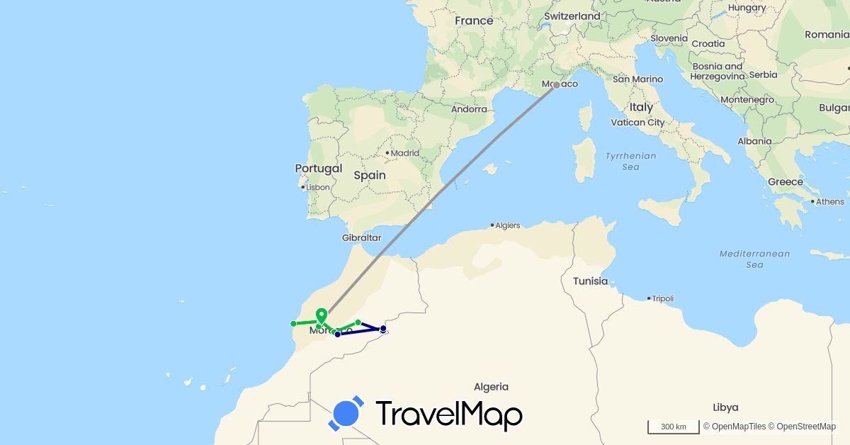 TravelMap itinerary: driving, bus, plane in France, Morocco (Africa, Europe)